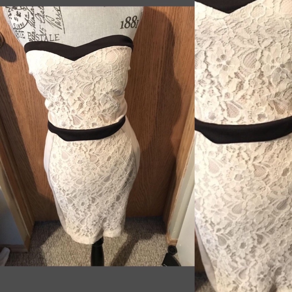 beige with white lace sweetheart-neckline